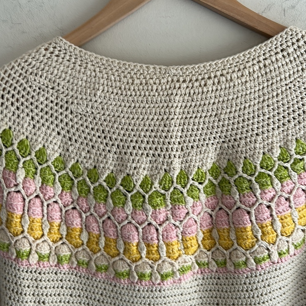 Cream Multi Color Crochet Cotton Crew Neck Sweater Women's Size LG - Picture 10 of 11